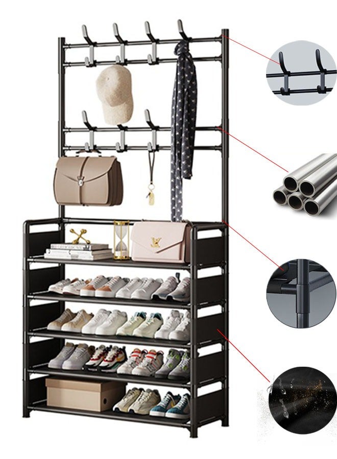 Loquat 5-layer Metal Shoe Rack Entrance Coat Rack Large Capacity Shoe Storage Rack with Hooks Stable Support Easy to Organize Home Accessories for Backpacks, Keys, Shoes, Hats 169x60x25cm  - Image 1