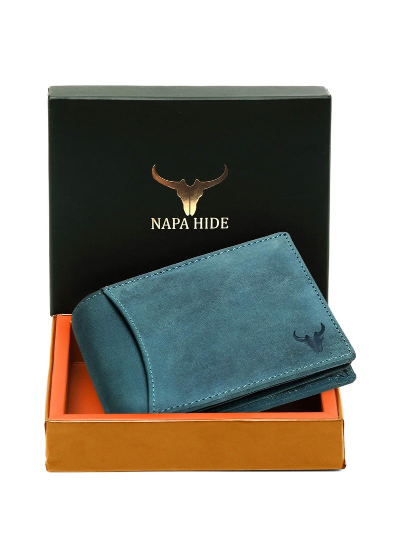 إخفاء نابا محفظة جلدية زرقاء من NAPA HIDE للرجال I 2 حجرة سرية I 6 فتحات لبطاقات الائتمان/الخصم I 2 حجرة للعملات I 3 نوافذ شفافة لبطاقة الهوية I 1 جيب للعملات المعدنية وجيب بسحاب - Image 3