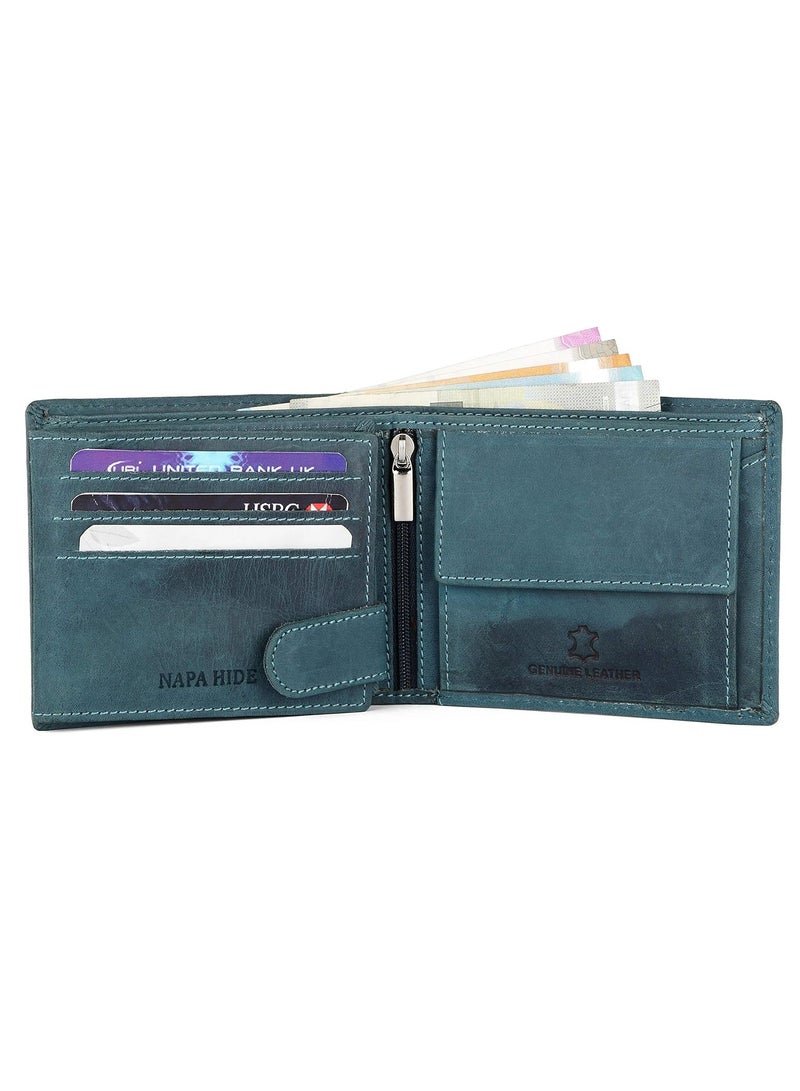 إخفاء نابا محفظة جلدية زرقاء من NAPA HIDE للرجال I 2 حجرة سرية I 6 فتحات لبطاقات الائتمان/الخصم I 2 حجرة للعملات I 3 نوافذ شفافة لبطاقة الهوية I 1 جيب للعملات المعدنية وجيب بسحاب - Image 4