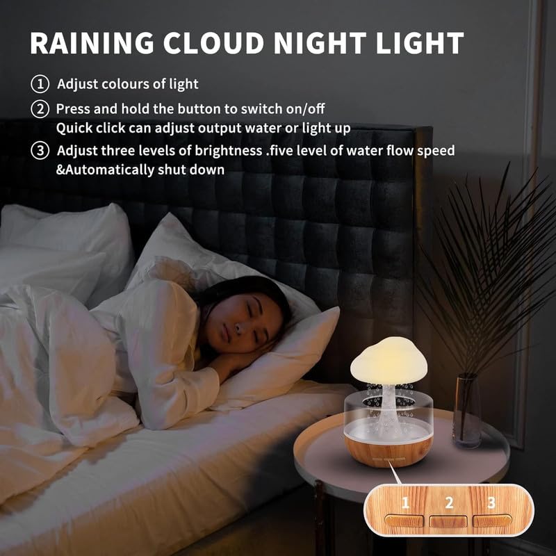 SYN SONS SYN SONS Rain Diffuser Humidifier Lamp for Home Office Cloud Rain Diffuser Snuggle Cloud Light Humidifier Raindrop Humidifier Relaxing Sound Mushroom Waterfall Lamp Essential Oil Diffuser  - Image 5