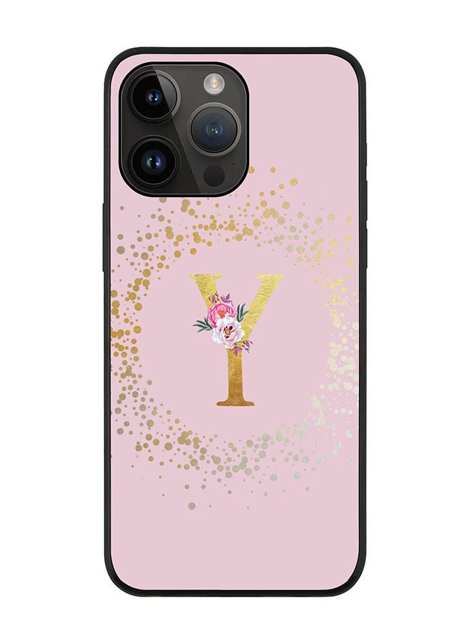 Stylizedd Rugged Black edge case for Apple iPhone 14 Pro Max Slim fit Soft Case Flexible Rubber Edges TPU Gel Thin Cover - Custom Monogram Initial Letter Floral Pattern Alphabet - Y (Pink) - Image 1