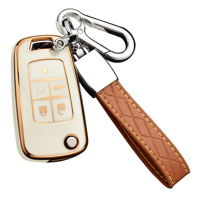 Cacacar for Chevy Key Fob Cover with Keychain Premium TPU Full Protection Key Fob Case for Chevrolet Equinox Camaro Cruze Malibu Sonic Buick Terrain 5 Buttons Ivory