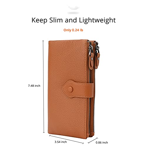 Bveyzi Women Soft Leather RFID Blocking Bifold Slim Wallets Ladies Credit Card Holder Double Zipper Pocket(Brown) - Image 3