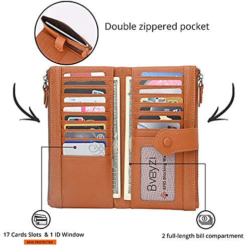 Bveyzi Women Soft Leather RFID Blocking Bifold Slim Wallets Ladies Credit Card Holder Double Zipper Pocket(Brown) - Image 2