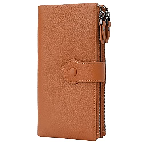 Bveyzi Women Soft Leather RFID Blocking Bifold Slim Wallets Ladies Credit Card Holder Double Zipper Pocket(Brown) - Image 1