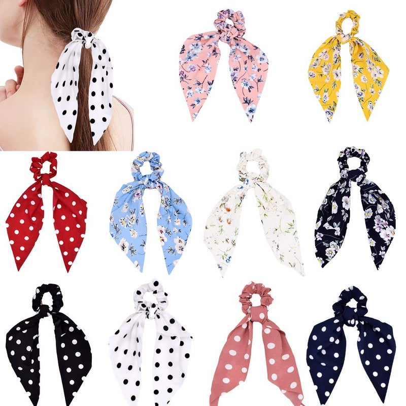 DINPREY 10 Pcs Floral Print Hair Scrunchies Silk Satin Scarf Hair Ties Chiffon Floral Scarf Scrunchie Ponytail Holder with Bows Dot Flower Pattern Scrunchy 10 pcs CombinationA