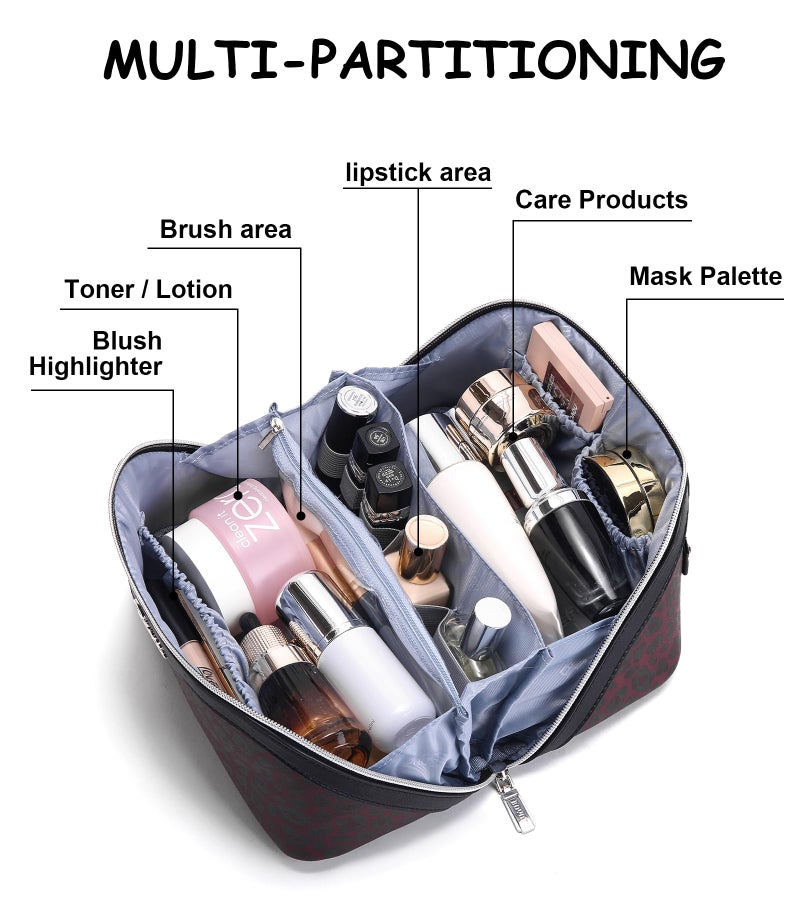 BOYATU Travel Makeup Bag for Women: 3 Pcs Set Portable Make up Bags with Handle - Leopard Print Cosmetic Bags with Comparments - Waterproof Vegan Leather Toiletry Bag (10-Red) - Image 5
