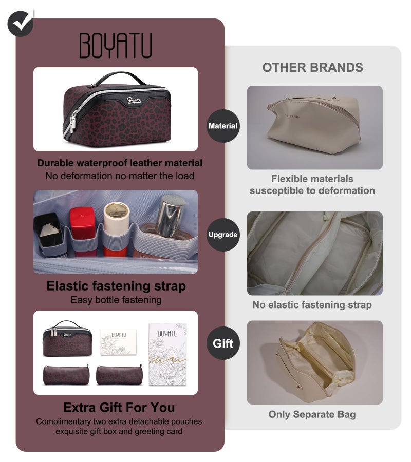 BOYATU Travel Makeup Bag for Women: 3 Pcs Set Portable Make up Bags with Handle - Leopard Print Cosmetic Bags with Comparments - Waterproof Vegan Leather Toiletry Bag (10-Red) - Image 2