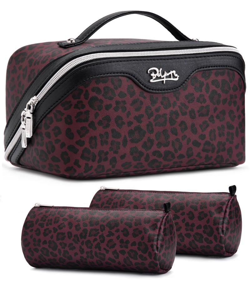 BOYATU Travel Makeup Bag for Women: 3 Pcs Set Portable Make up Bags with Handle - Leopard Print Cosmetic Bags with Comparments - Waterproof Vegan Leather Toiletry Bag (10-Red) - Image 1