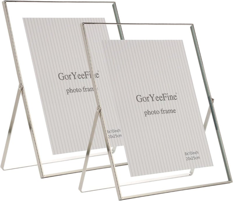 GorYeeFine مجموعة إطارين عائمين فضيين مقاس 8x10 بوصة، لمقاسات الصور (4x6 بوصة، 5x7 بوصة، 6x8 بوصة حتى 8x10 بوصة)، إطارات جميلة بحافة معدنية مخرومة قابلة للتعديل على الطاولة/الرف، خيار هدية أنيقة للزفاف. - Image 1