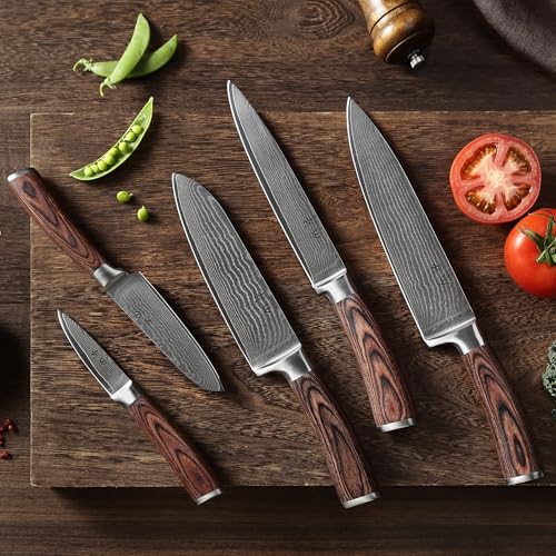 Wakoli EDIB 5-Piece Damascus Knife Set, Professional Kitchen Knives made of 67-Layer Damascus Steel with VG10 Core Blades, Ergonomic Pakkawood Handles, In Wooden Gift Box - Image 2
