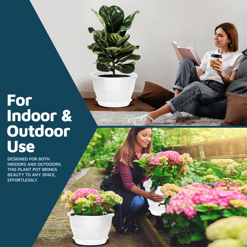 LifeMaster 10-Inch Whiskey Barrel Planters Outdoor Pack of 5 - Durable Plastic Plant Pots for Indoor & Outdoor Use with Drainage & Saucer, Lightweight Rustic Barrel Planters for Flowers, Herbs & Small Plants - Image 3