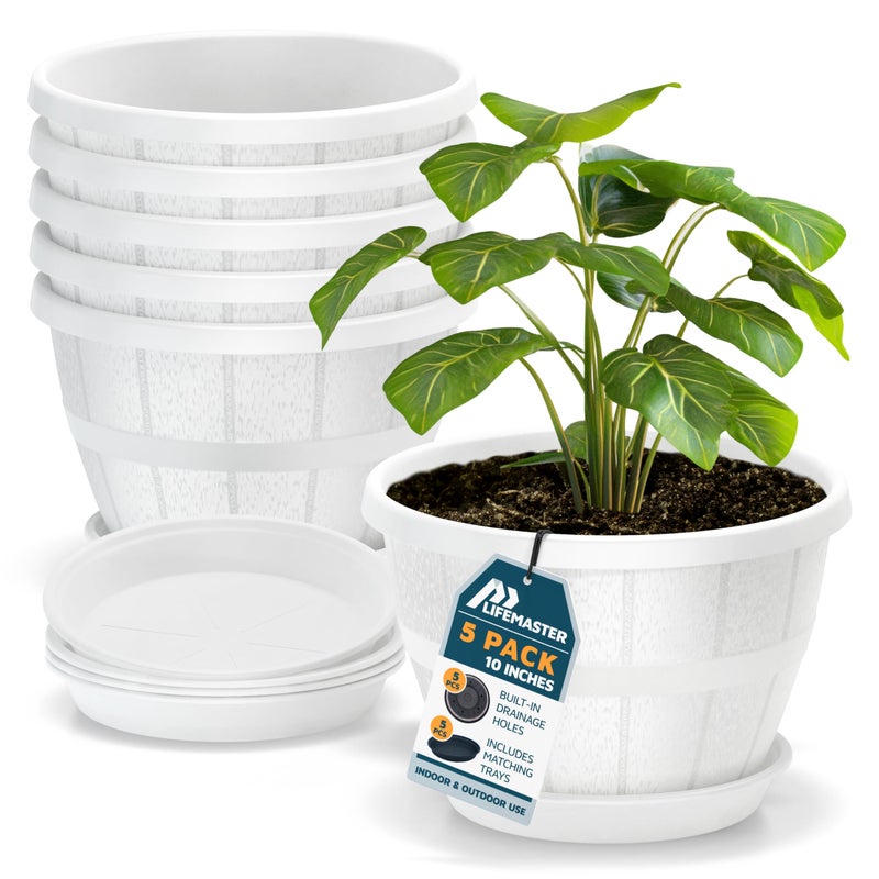 LifeMaster 10-Inch Whiskey Barrel Planters Outdoor Pack of 5 - Durable Plastic Plant Pots for Indoor & Outdoor Use with Drainage & Saucer, Lightweight Rustic Barrel Planters for Flowers, Herbs & Small Plants - Image 1