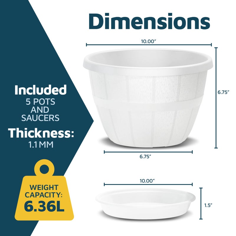 LifeMaster 10-Inch Whiskey Barrel Planters Outdoor Pack of 5 - Durable Plastic Plant Pots for Indoor & Outdoor Use with Drainage & Saucer, Lightweight Rustic Barrel Planters for Flowers, Herbs & Small Plants - Image 2