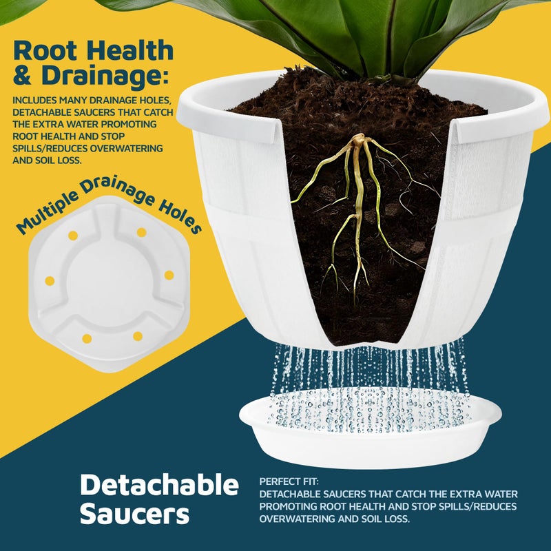 LifeMaster 10-Inch Whiskey Barrel Planters Outdoor Pack of 5 - Durable Plastic Plant Pots for Indoor & Outdoor Use with Drainage & Saucer, Lightweight Rustic Barrel Planters for Flowers, Herbs & Small Plants - Image 4