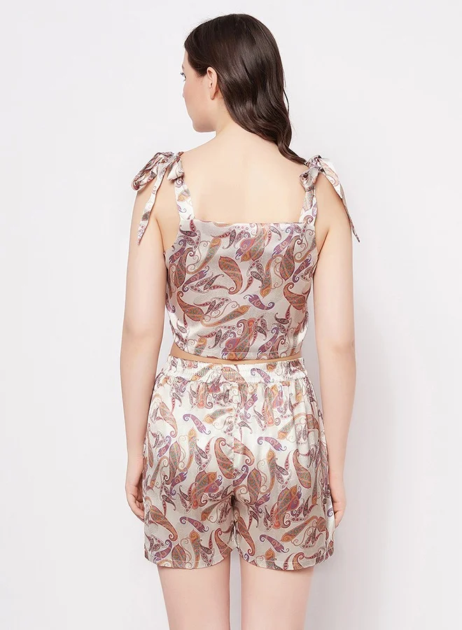 Clovia Clovia Paisley Print Crop Top & Shorts Set in Cream Colour - Satin