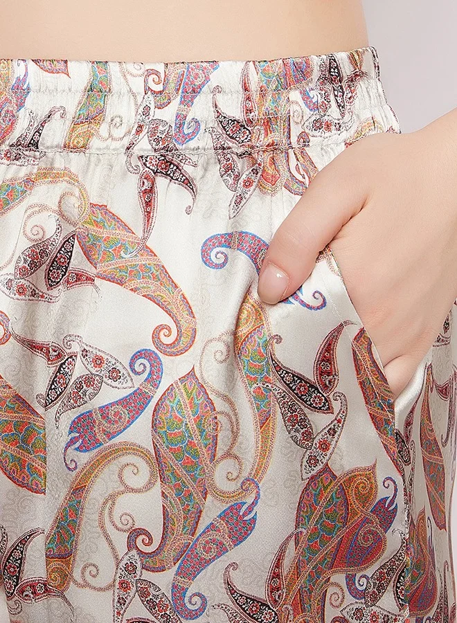Clovia Clovia Paisley Print Crop Top & Shorts Set in Cream Colour - Satin