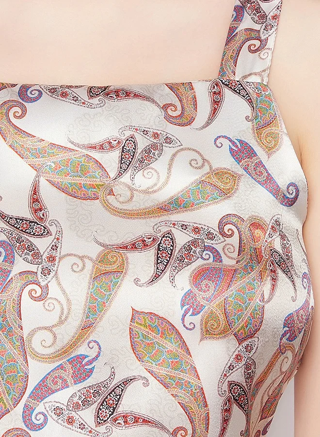 Clovia Clovia Paisley Print Crop Top & Shorts Set in Cream Colour - Satin