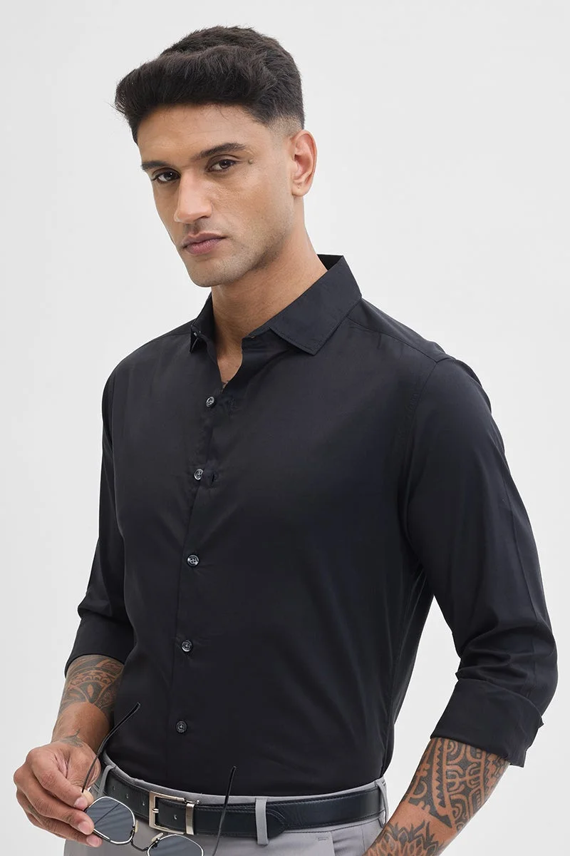 سنيتش Black Solid Long Sleeve Slim Fit Formal Shirt