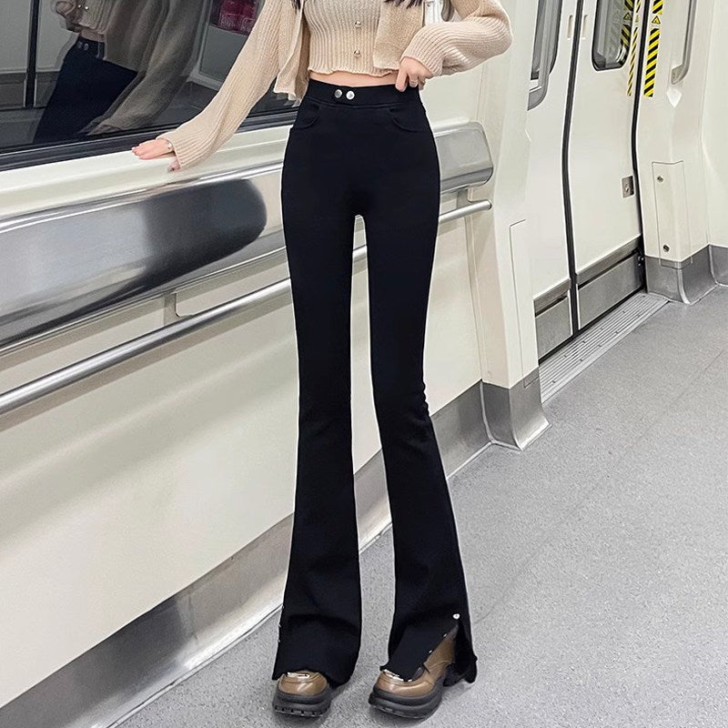 Flared pants women's side slit nine-minute pants spring and autumn 2025 new short elastic waist slimming slightly flared pants - Image 2
