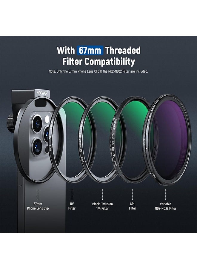 NEEWER 67mm Clip On Variable ND2-32 Phone Lens Filter Kit, Phone Clip w/Threaded Adapter Ring/Cold Shoe/Locking Knob, Variable ND Filter for iPhone 16 15 Pro Max Plus 14 13 Galaxy S22 S23 S24 Ultra - Image 4