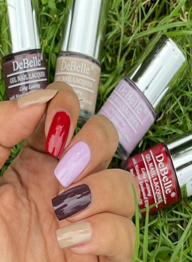 DeBelle Gel Nail Lacquers Combo Set of 4 Wild Cherry Skittles - Victorian Beige (Beige), Moulin Rouge (Maroon), Lilac Bloom (Soft Lilac),Plum Toffee (Plum Maroon) 32ml (8ml Each) - Image 1