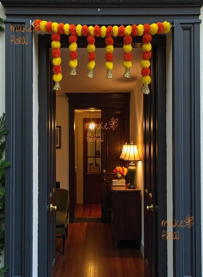 Muke Floral Premium Marigold Toran with Golden Bells – Yellow & Orange Artificial Door Hanging for Home Entrance, Festivals, Pooja Room, Navratri, Diwali & Housewarming Office Temple Décor 1pcs - Image 3