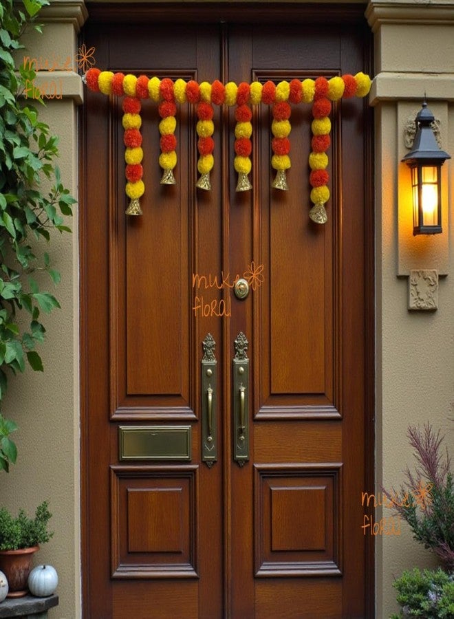 Muke Floral Premium Marigold Toran with Golden Bells – Yellow & Orange Artificial Door Hanging for Home Entrance, Festivals, Pooja Room, Navratri, Diwali & Housewarming Office Temple Décor 1pcs - Image 4
