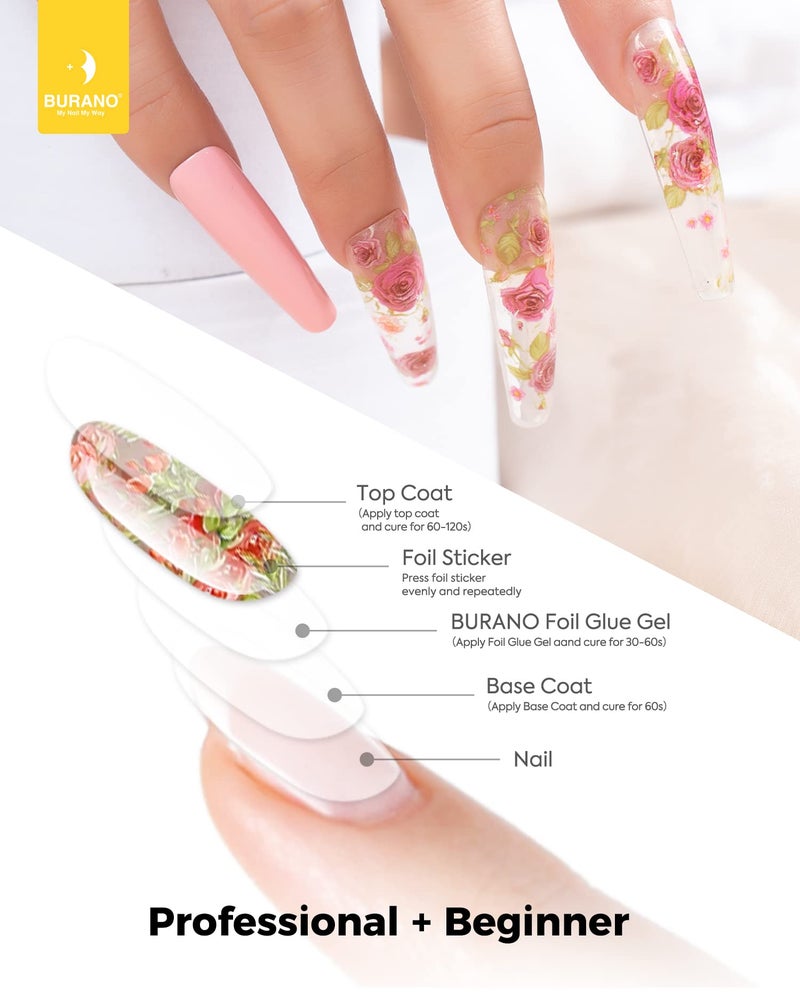 BURANO Nail Art Foil Glue Gel, 15ML 2 Bottles with 60PCS Foils Sticker, Nails Designer Adhesive Transfer Art UV LED Lamp Required - Image 4
