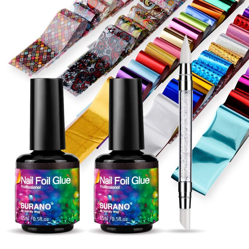 BURANO Nail Art Foil Glue Gel, 15ML 2 Bottles with 60PCS Foils Sticker, Nails Designer Adhesive Transfer Art UV LED Lamp Required - Image 1