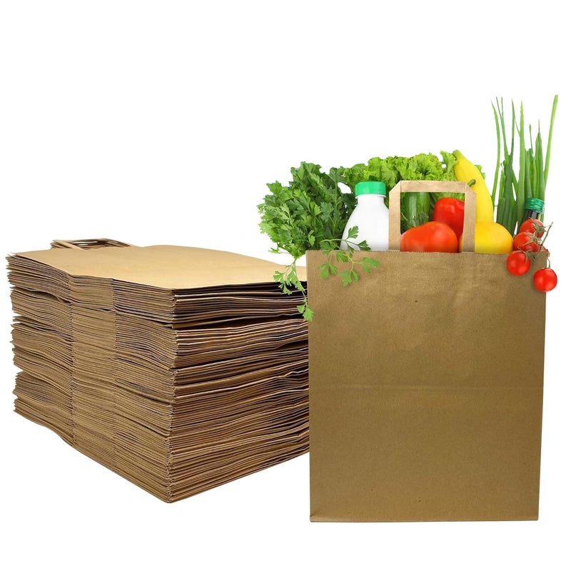 Aakriti Heavy Duty Flat Handle Paper Grocery Bag - Extra Large Kraft Shopping & Return Gift Bags (16" x 12" x 5", Brown, Pack of 25) - Durable Retail Bags for Gifts & Shopping - Image 1