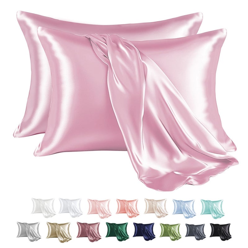 MRHM Satin Pillowcase for Hair and Skin Silk Satin Pillowcase 2 Pack Standard Size Pillow Cases Set of 2 Silky Pillow Cover with Envelope Closure 20x26 Pink