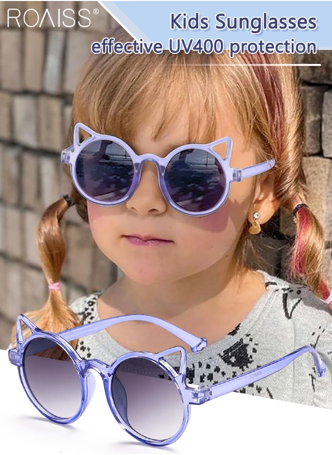 roaiss - Round Sunglasses for Kids, UV400 Protection Cute Beach Holiday Sun Glasses with Cat Ear Decoration and PC Frame for Girls Boys and Children Age 3-12, Purple - Image 1