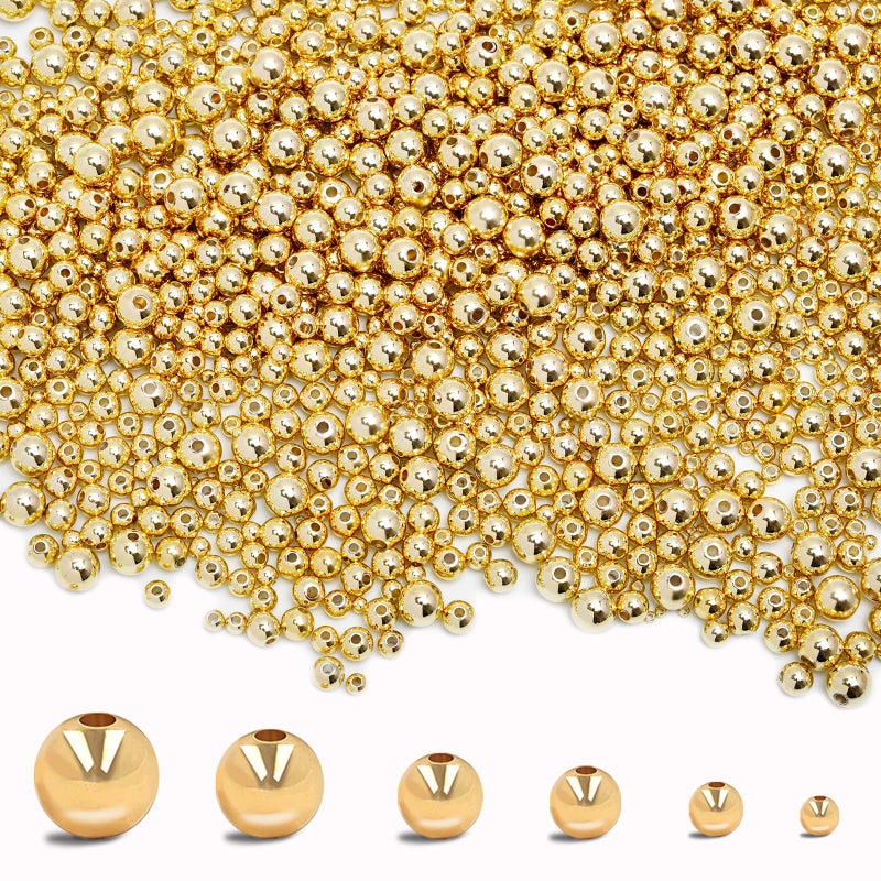 MAPOIEU 600pcs 14K Gold Beads,Seamless Gold Round Beads,Brass Loose Beads,Spacer Beads That Do Not Fade Easily,Gold Beads for Bracelet Necklace Making (2MM) - Image 1