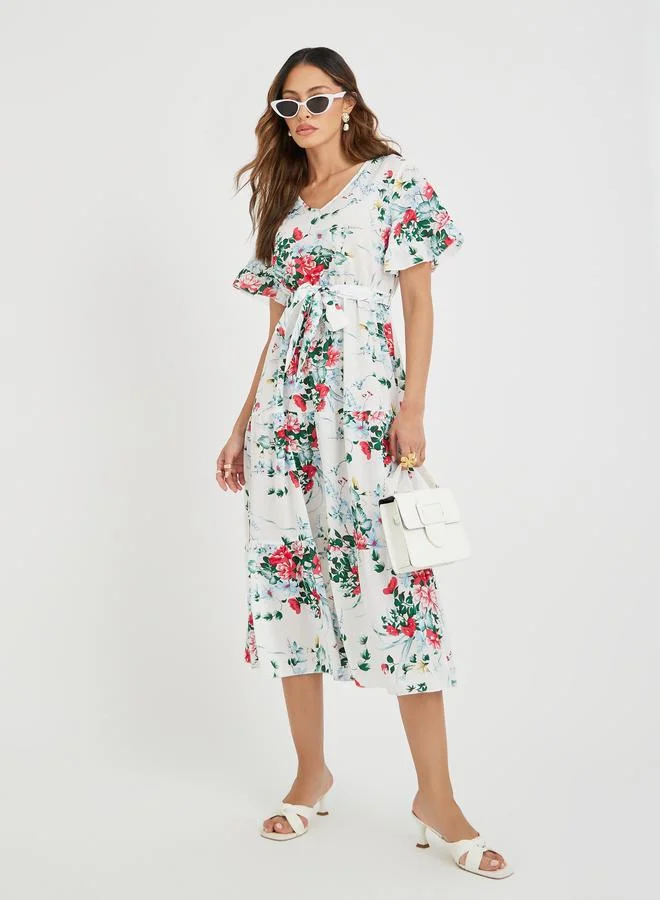 تايك تو Take Two Women White Floral Print Ruffle Trim A-Line Midi Dress with Tie Waist