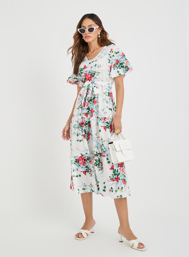 تايك تو فستان ميدي نسائي أبيض بطبعات زهور وحافة مكشكشة وربطة خصر - Image 2