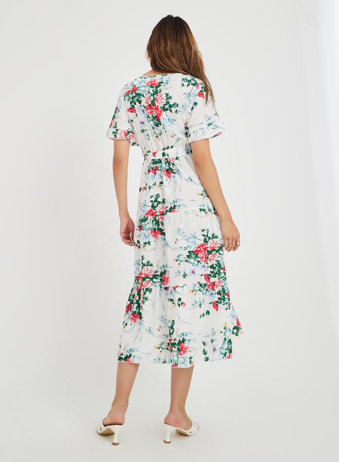 تايك تو فستان ميدي نسائي أبيض بطبعات زهور وحافة مكشكشة وربطة خصر - Image 5