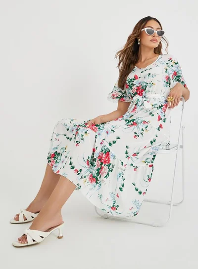 Take Two Take Two Women White Floral Print Ruffle Trim A-Line Midi Dress with Tie Waist