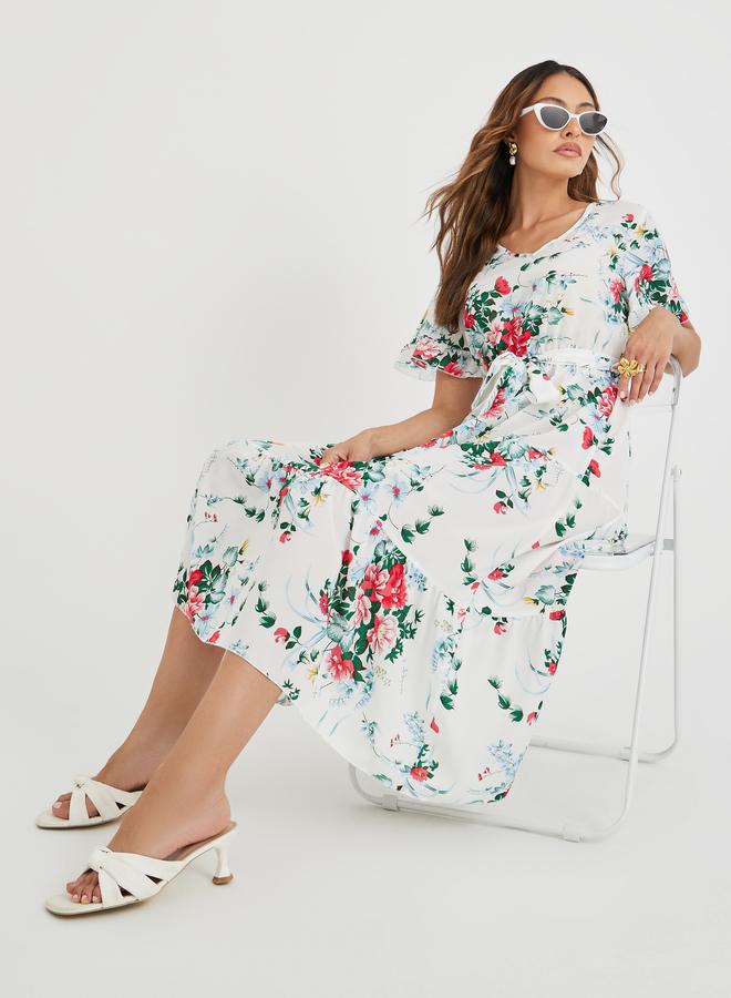 تايك تو فستان ميدي نسائي أبيض بطبعات زهور وحافة مكشكشة وربطة خصر - Image 1