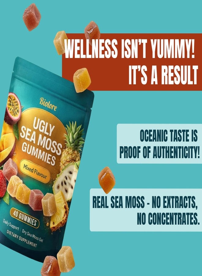 Biolore Ugly Sea Moss Gel Gummies - 4 Mixed Flavors - Vegan, Non-GMO, No Gelatin, No Artificial Colors - Wildcrafted Sea Moss, Real Fruit Purée & Coconut Sugar - 40 Gummies - Image 2