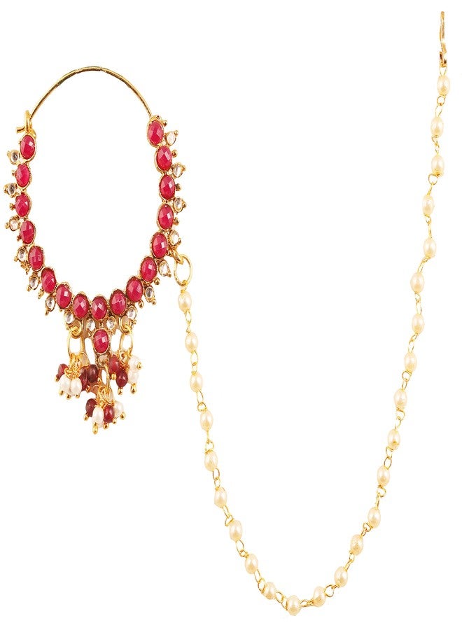 Touchstone New! Touchstone Indian Bollywood Desire Faux Pearls Faux Ruby Designer Bridal Jewelry Nath (Nose Accessory) in Gold Tone for Women. - Image 1