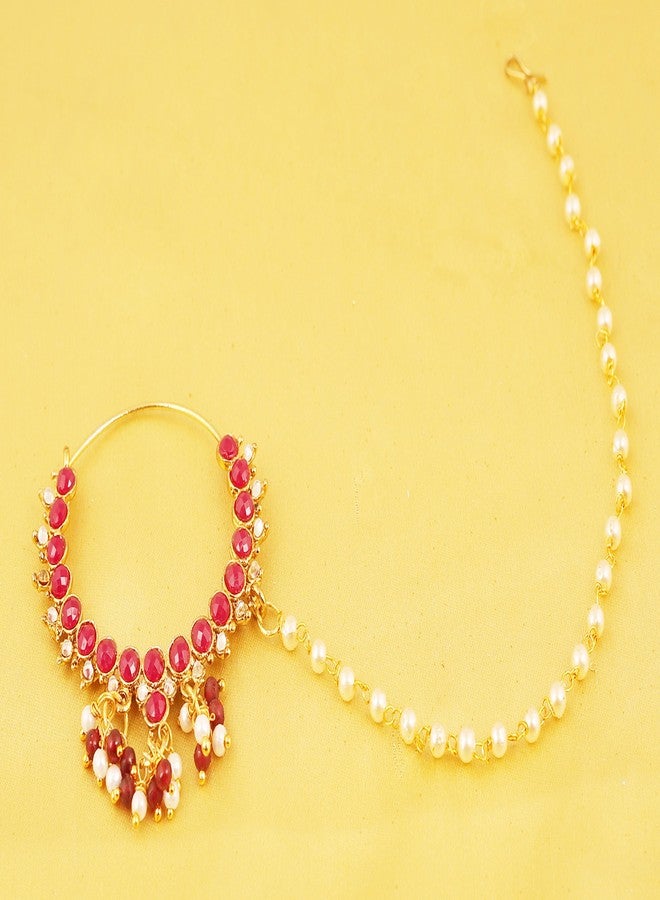 Touchstone New! Touchstone Indian Bollywood Desire Faux Pearls Faux Ruby Designer Bridal Jewelry Nath (Nose Accessory) in Gold Tone for Women. - Image 3