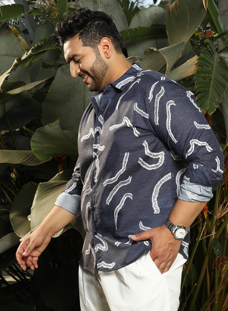 Instafab Plus Men's Navy Blue Cross-Stitch Crawler Shirt For Casual Wear | Spread Collar | Long Cuffed Sleeves | Button Closure | Plus Size Shirt Crafted With Comfort Fit For Everyday Wear - Image 3