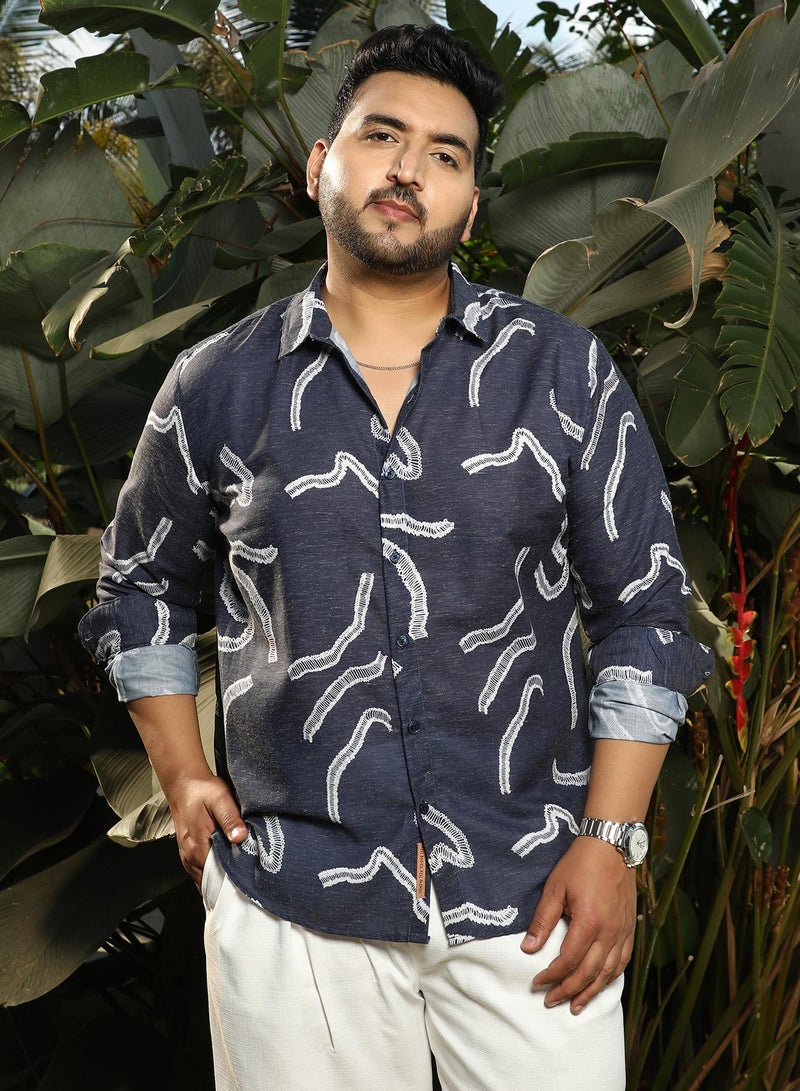 Instafab Plus Men's Navy Blue Cross-Stitch Crawler Shirt For Casual Wear | Spread Collar | Long Cuffed Sleeves | Button Closure | Plus Size Shirt Crafted With Comfort Fit For Everyday Wear - Image 2