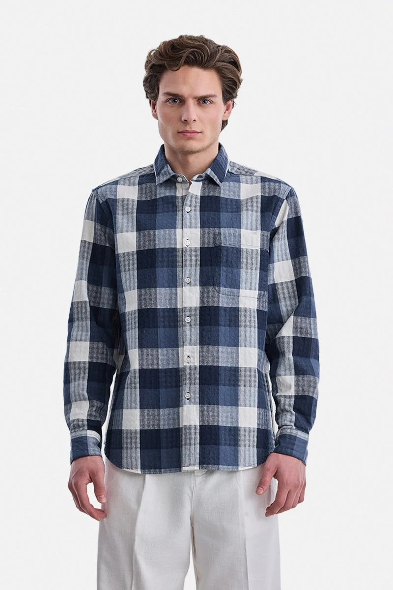 SNITCH Navy Checkered Long Sleeve Regular Fit Shirt