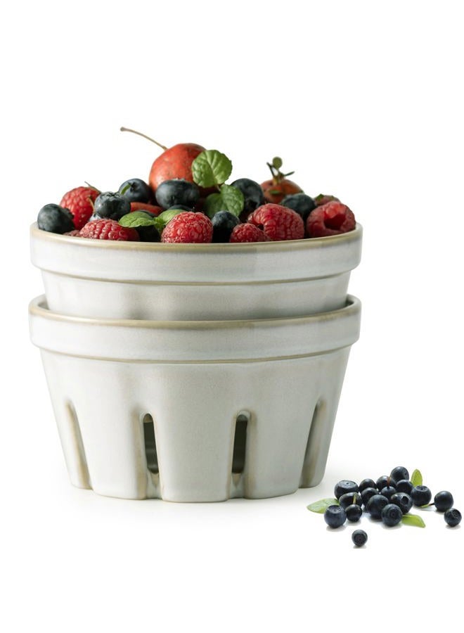 Gomakren Fruit Bowl with Holes, Ceramic Berry Basket Set of 2, 5.8 Inch Round Fruit Basket for Kitchen, Berry Containers Colander - Farmhouse Kitchen Decor, White - Image 1