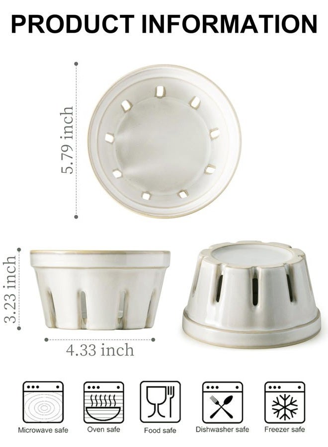 Gomakren Fruit Bowl with Holes, Ceramic Berry Basket Set of 2, 5.8 Inch Round Fruit Basket for Kitchen, Berry Containers Colander - Farmhouse Kitchen Decor, White - Image 2