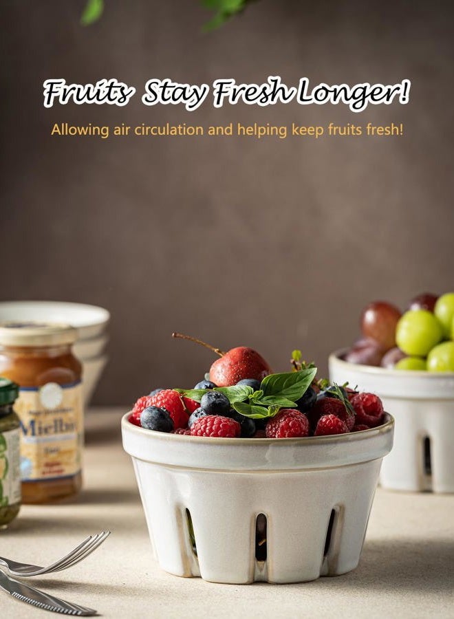Gomakren Fruit Bowl with Holes, Ceramic Berry Basket Set of 2, 5.8 Inch Round Fruit Basket for Kitchen, Berry Containers Colander - Farmhouse Kitchen Decor, White - Image 4