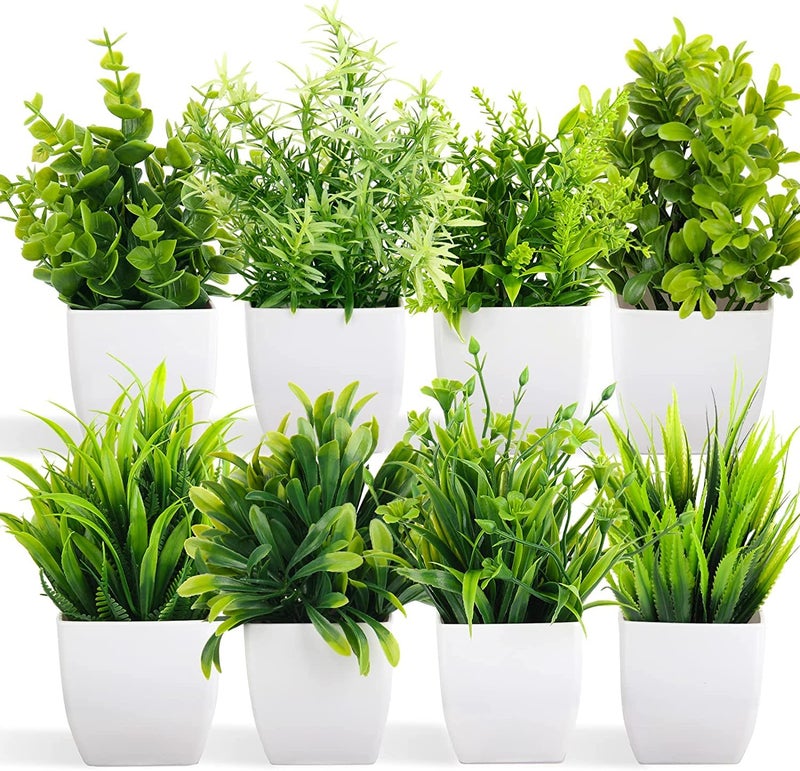 Litleo Plastic Artificial Plants Mini Fake Potted Plants, Small Eucalyptus Potted Faux Decorative Grass Plant With White Pot For Home Decor, Indoor, Office, Desk, Shelf, Table Decoration (Pack Of 8) - Image 1