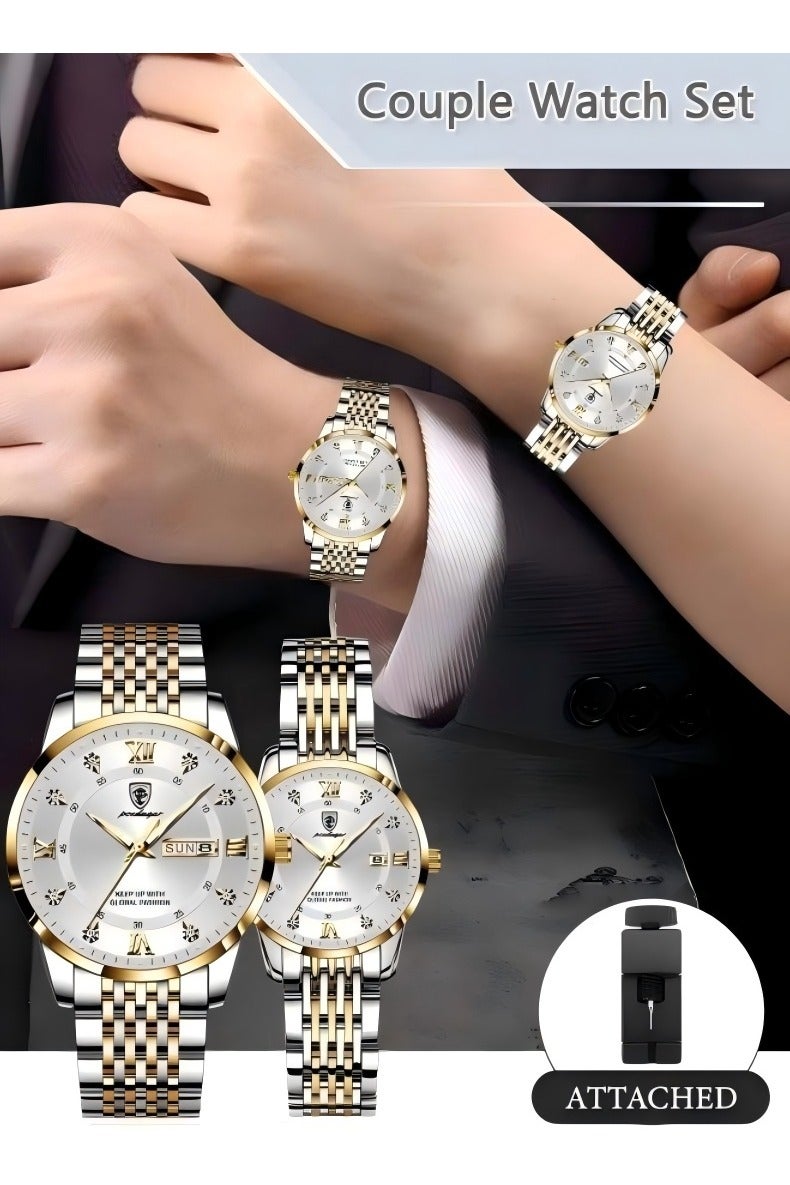 پوداجار الفولاذ المقاوم للصدأ حزام زوجين الكوارتز ووتش مجموعة، التناظرية عرض جولة الطلب مع أحجار الراين الديكور، الفاخرة مضيئة للماء التقويم ووتش هدية للرجال النساء - Image 2